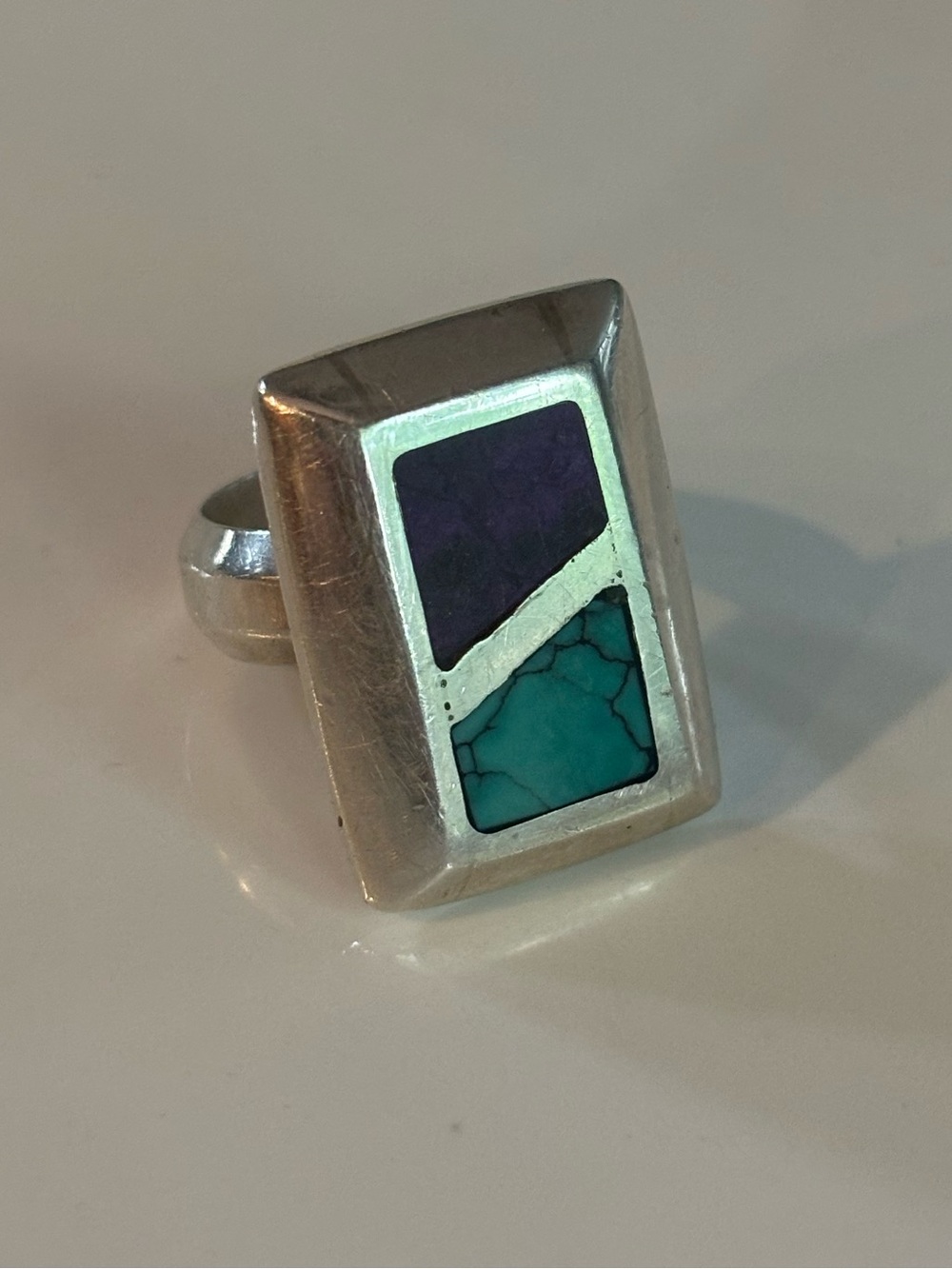 Zuni Sterling Silver Turquoise Purple Sugilite Inlay Rectangle Statement Ring 6 - Picture 3 of 12